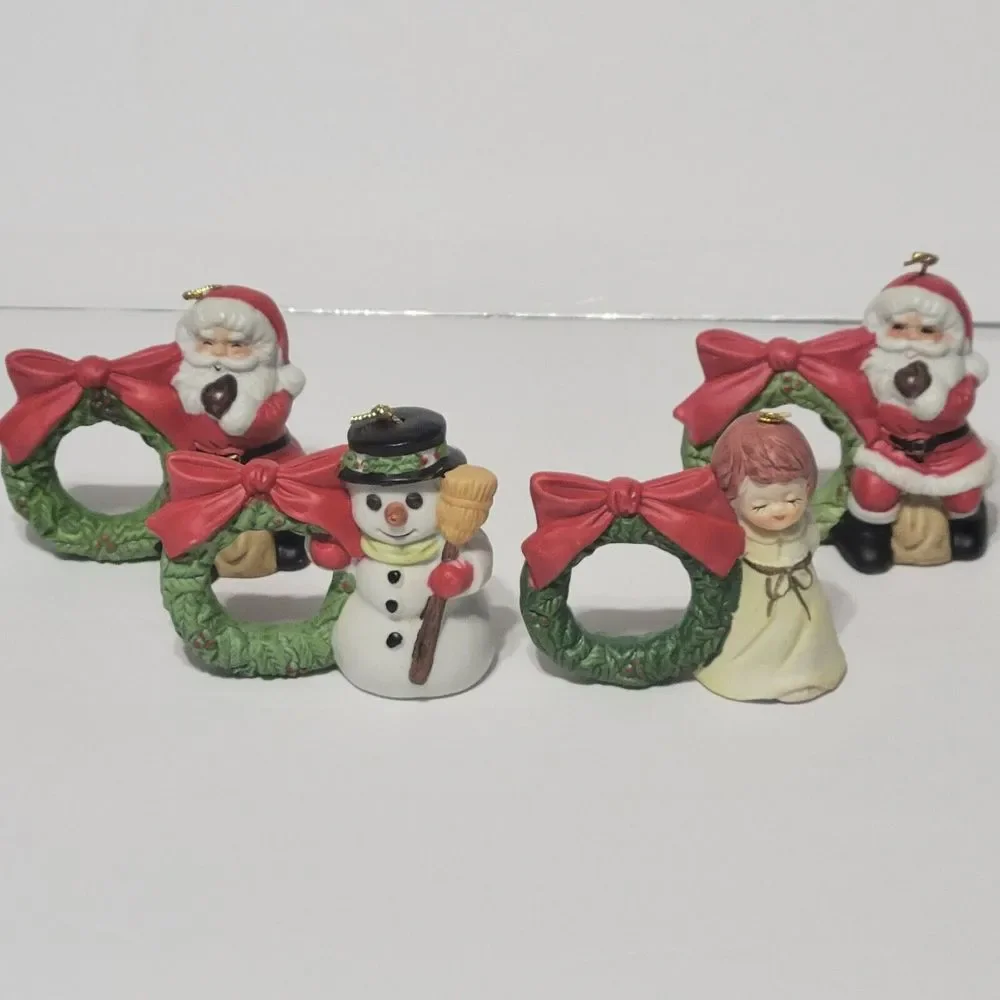 Jasco Lil Chimers Christmas Porcelain Napkin Rings Set of 4 Angel Snowman Santa
